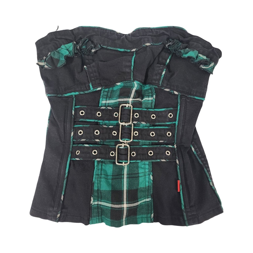 Tripp NYC Green Black Plaid Corset Top Strapless Buckle Punk Goth Small